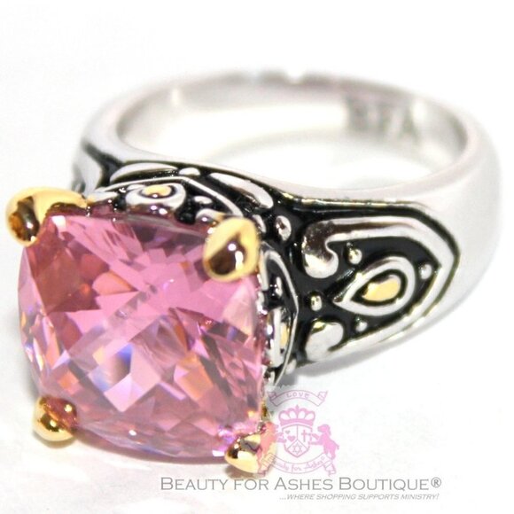 Pink Ice Cz 12mm Throne Room Checkerboard Cushion Cut Two Tone Gold Plated Ring - Picture 1 of 4
